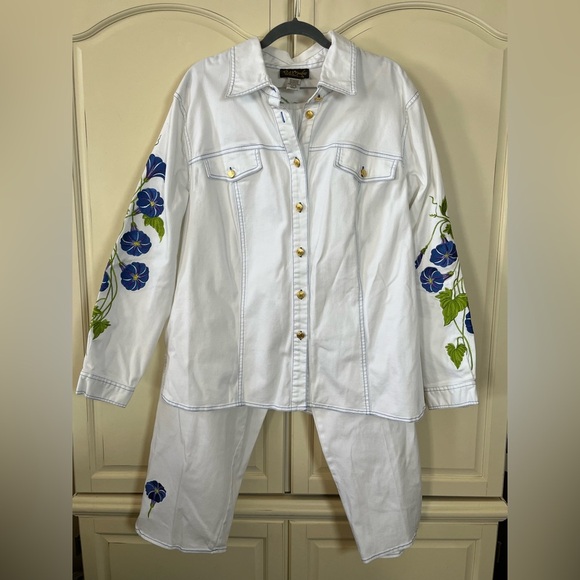 Bob Mackie Wearable Art Morning Glory Embroidered Jeans Jacket Pants Set Size 1X - Picture 7 of 10